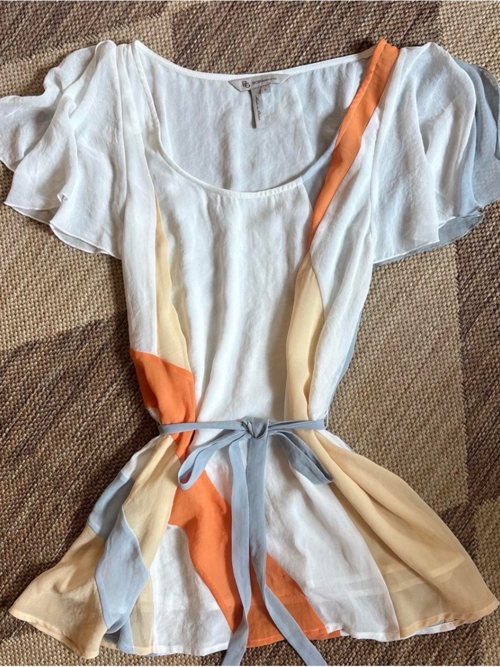 BCBGeneration Silk Blouse with Orange, Cream & Light Blue Accents
